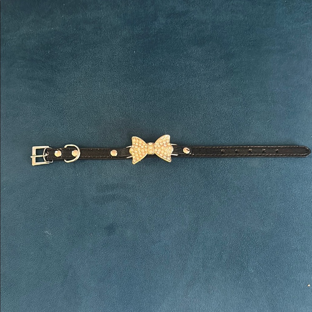 Black Leather pet collar with Gold Bow